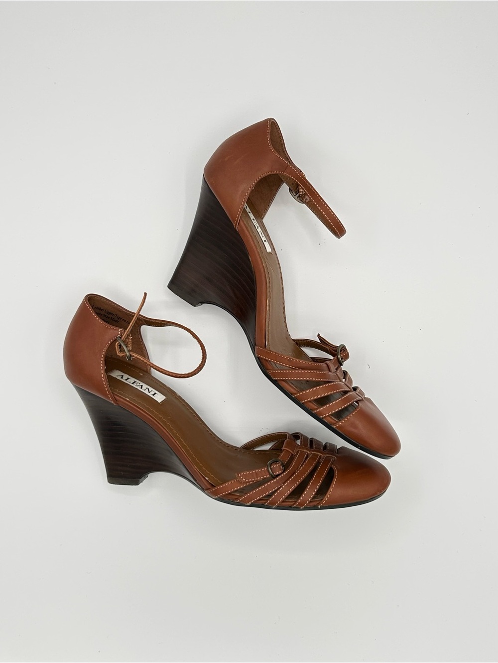 Alfani Brown Leather Ankle-Strap Wedge Heels, Size 5.5